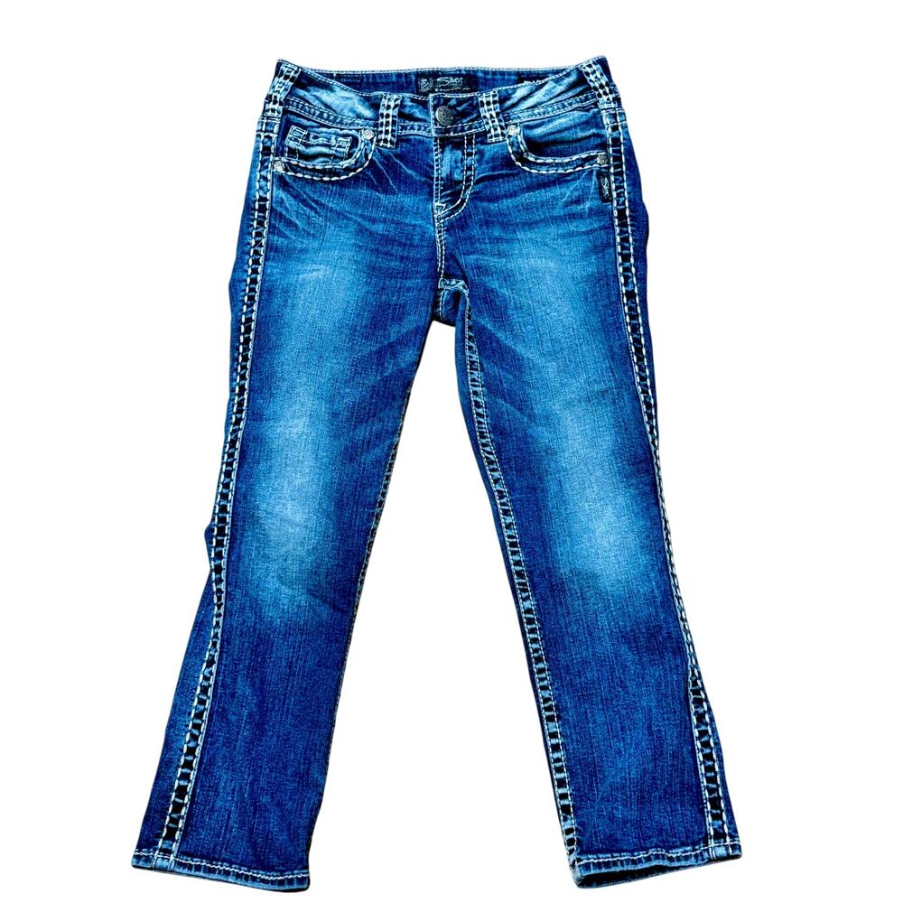Silver Suki Mid Capri Jeans W29 L22.5 Thick Stitch Faded Light Distress Low Rise